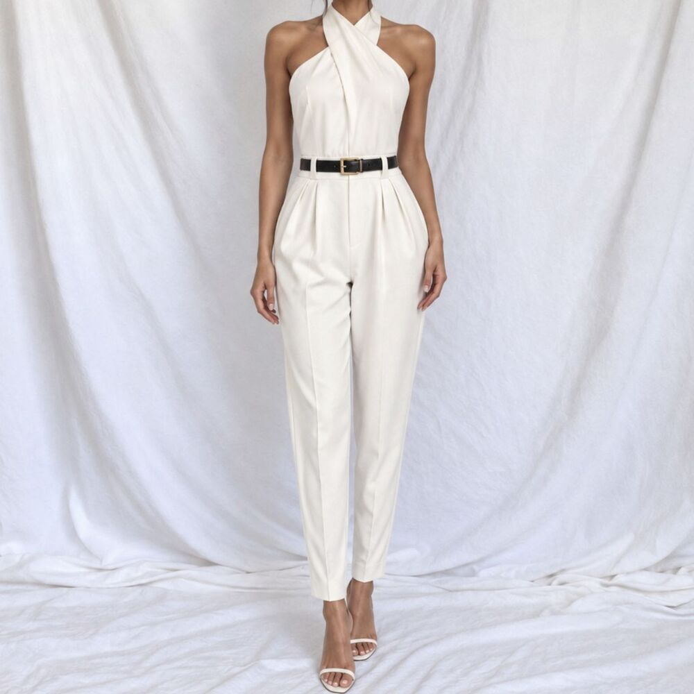 Massimo Dutti White Sleeveless Tapered Leg Tailored Halter Jumpsuit Size S